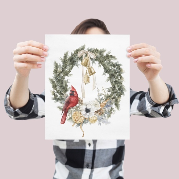 Watercolor Christmas Wreath Wall Art Illustration Print Poster Unframed - Picture 4 of 5